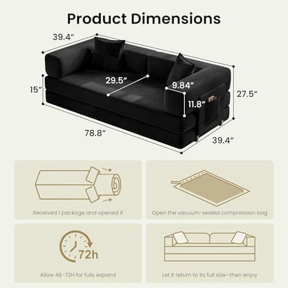 78.8" Convertible Futon Sofa Bed, Couch for Living Room | Corduroy Loveseat Sleeper Sofa, Modular Futon Couch with Storage Pocket, Pull Out Couch No Assembly | Black