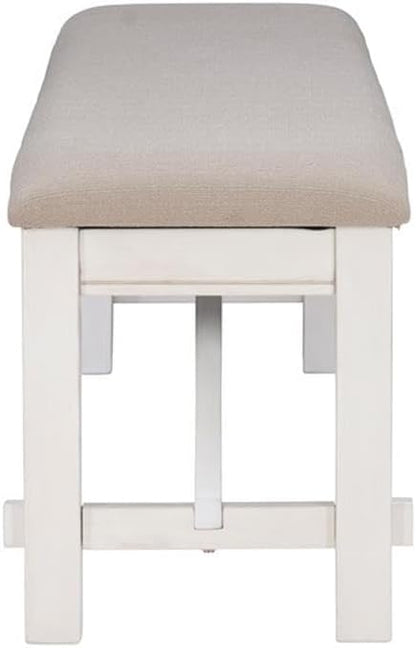 Pemberly Row 60" Wood/Fabric Bench, Smokey White Finish, Beige Upholstery, Transitional Style, Stain-Resistant Seat, Durable Construction, Comfortable Seating for Kitchen or Dining Room