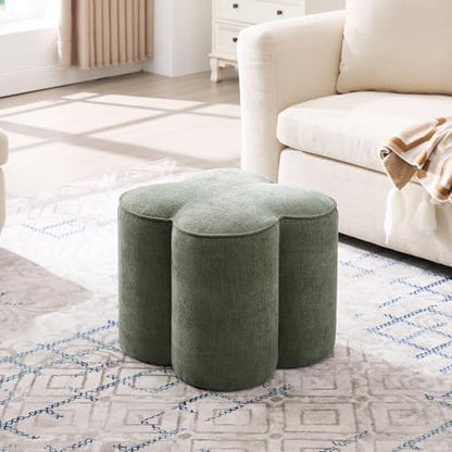 Zesthouse Flower Pouf Ottomans Foot Rest Set of 2, Linen Poofy Ottomans | Large Ottoman Footstool for Couch, Modern Living Room Stool Seat, Cute Square Vanity Stool for Bedroom, Green Dorm Foot Stool