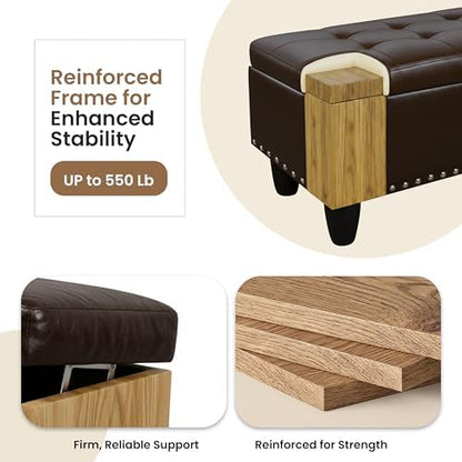 Simple Deluxe Ottoman with Storage Bench Chair, 28.5" L x 19.5" W x 17.5" H Foot Rest Stools with Synthetic Leather,Ottoman Storage Chest Box with Padded Seat for Bedroom, Living Room, Entryway,Brown