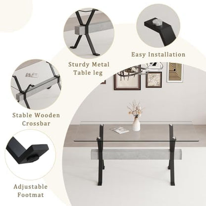 Glass Dining Table 71"｜Modern Dining Table for 6｜0.4" Thick Tempered Glass Top｜Matte Black Metal Legs｜Grey Crossbar｜Easy Assembly｜Perfect for Dining Room or Kitchen