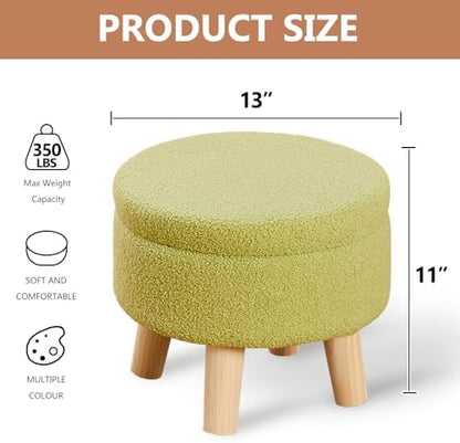 Wimarsbon Storage Ottoman, Modern Round Footrest with Soft Padded Seat, Teddy Velvet Footstool with Wood Legs, Accent Small Table or Plant Stand for Hallway, Living Room (Brilliant Green)