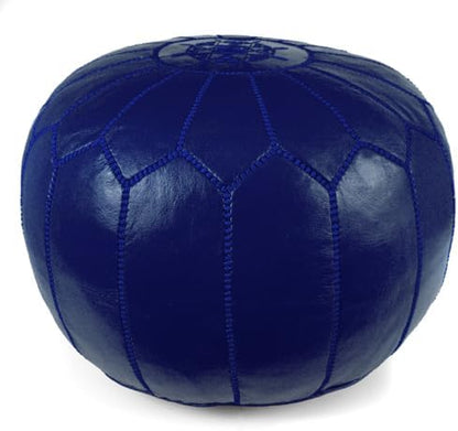 Stuffed Round Design Moroccan Leather Pouf Ottoman, Handmade, Pre-Filled, 100% Genuine Leather, 13” Height x 20” Diameter, Footstool & Living Room Décor (Dark Blue)