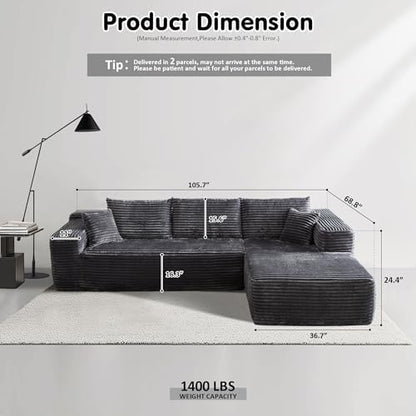 ovios 104" Cloud Couch with L-Shape Chaise,Modern Sectional Modular Sofa with Deep Seat, Upholstered Couches for Living Room Bedroom,No Assembly Required, Grey (Plush Corduroy Fabric)