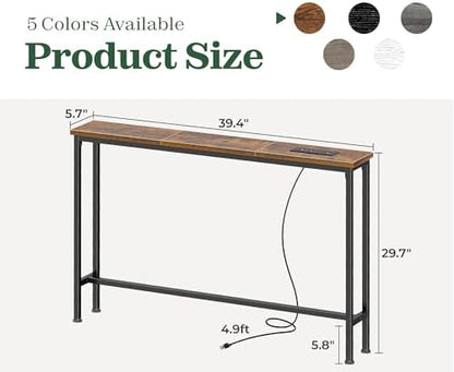 SUPERJARE 39.4 inch Narrow Behind Couch Table with Charging Stations | Power Outlet with USB-C Ports, Extra Storage Behind Sofa,Sofa Table Console Table for Entryway Living room, Rustic Brown