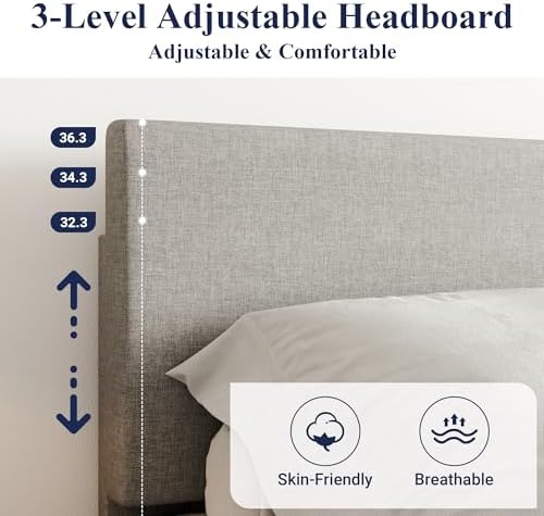 Allewie King Size Upholstered Bed Frame Adjustable Headboard, Light Grey