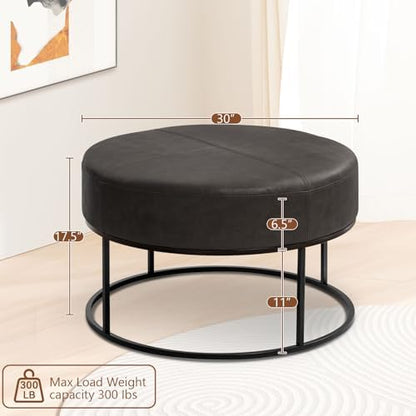 Modern Round Coffee Table, Farmhouse Ottoman for Living Room, Large Vintage Faux Leather Coffee Tables with Leather Upholstered Padded Seat [Round, Vintage Black, 30'']