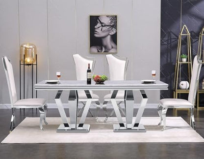 ACEDÉCOR Dining Chairs, White Faux Leather Dining Chairs Set of 6, Gorgeous Streamlined High Back Chair with Silver Mirror Curved and X-Shaped Stainless Steel Legs