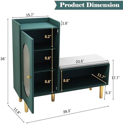 HLR Shoe Storage Bench with Glass Door&Shelf, L-Shaped Shoe Cabinet, Green | Modern Entryway Shoe Organizer with Padded Seat, Storage Cabinet for Hallway, Bedroom, Living Room, Office