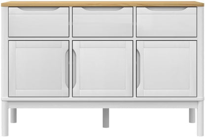 White Sideboard Buffet Cabinet, Solid Pine Wood and Engineered Wood Credenza with 2 Drawers and 3 Doors, Accent Storage Cabinet for Dining Room, Living Room, Hallway, 44.9 Inch