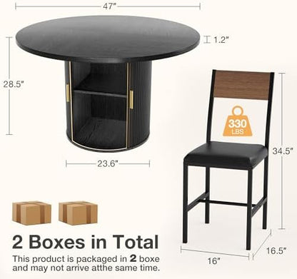 Pamapic Dining Table Set for 6, 47" Round Dining Table with Chairs, Storage Shelf, Space-Saving Tambour Design, Gold Handles, Wood Grain, Kitchen Table and Chairs for Dining Room & Living Room, Black