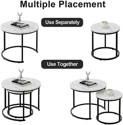 aboxoo Round Nesting Coffee Table Side Table Set of 2 End Tables for Living Room Bedroom Balcony, White Faux Marble Wooden Table Accent Coffee Table with Black Steel Frame