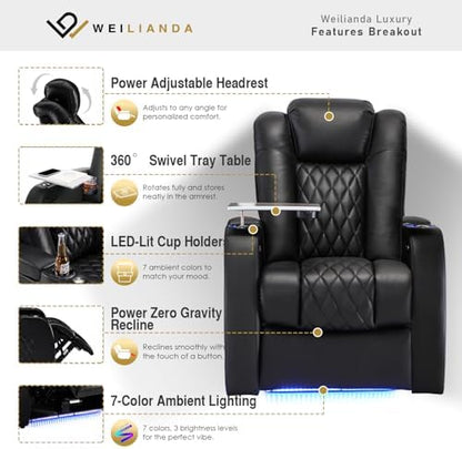 Weilianda Home Theater Seating, Top Grain Leather Movie Theater Chair | Black Row of 1, Zero Gravity, Power Headrest, Tray Table, Electric Reclining Seat for Media Room