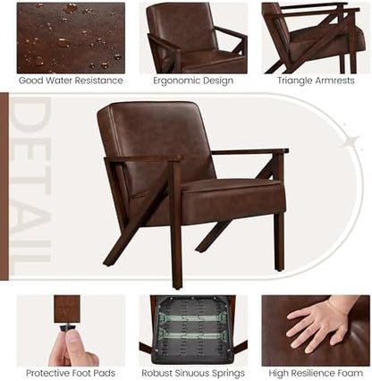 Yaheetech Mid-Century Modern Accent Chair, Lounge Chair, Dark Brown | Faux Leather Chair with Flat Arms, Engineered Wood Frame Armchair, for Living Room/Office/Reading/Reception Area