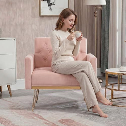 Olela Accent Chair with Arm for Living Room, Velvet Modern Armchair, Pink | Single Sofa Cozy Tufted Upholstered Reading Side Chairs with Gold Metal Leg for Bedroom Decorate