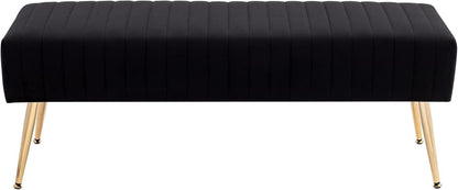 Furniliving 44 Inch Bedroom Bench, Upholstered Tufted Striped Fabric Ottoman Benches with X-Shaped Metal Legs for Living Room, Entryway Solid Wood Indoor Bench for Foyer (Black)
