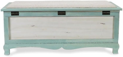 Pemberly Row Shabby-Chic Wood Bench Chest, Seafoam Green & Off White Finish, Cushioned Seat with Hinged Lift-Up Storage, Handcrafted Bedroom or Entryway Seating Organizer, Fully Assembled