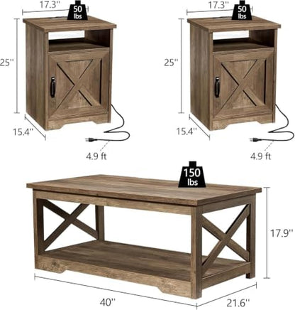 LUXOAK 3 Piece Living Room Table Set with Barn Door, Barnwood | Includes Coffee Table and 2 End Tables, Charging Station &USB Ports, Rustic Farmhouse Style, Living Room Furniture Set