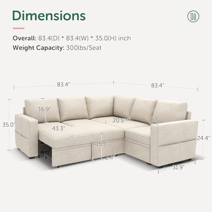 HONBAY Modular Sectional Sleeper Sofa with Pull Out Bed, L Shaped Couch with Storage Seat, Convertible Sectional Couches for Living Room, Beige