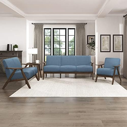 Lexicon Mid Century Modern Accent Chair with Solid Wood Frame in Walnut Finish, Upholstered Living Room Lounge Arm Chair, Thick and Comfy Innerspring Seat Cushion, Linen-Look Fabric, Blue | Upholstered Living Room Lounge Arm Chair, Thick and Comfy