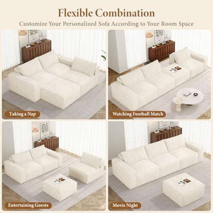 Vesgantti 114" L Shaped Couch, Deep Seat Sectional Sofa, Beige | Oversized 3 Seater Modular Couch with Ottoman, Cloud Sofa for Living Room, No Assembly Required, Free Combination, Chenille