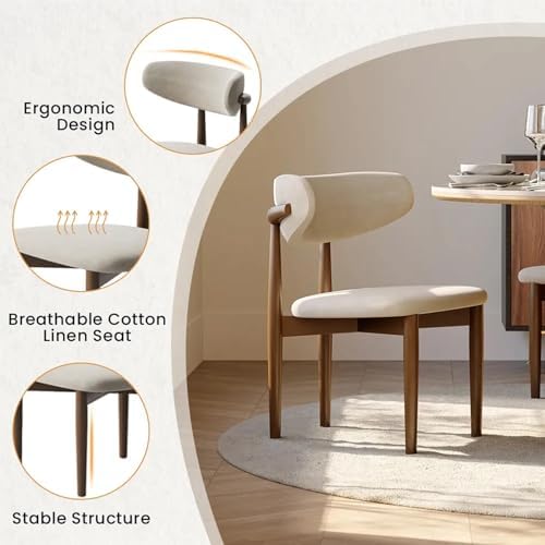 POVISON Modern Dining Chairs Set of 4, Armless Cotton Linen Dining Chair Set with Sackcloth Cushions and Dark Walnut-Coloured Ash Wood, Pre-Assembled Design