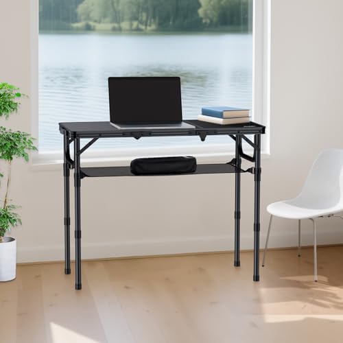 Anbte Folding Camping Table with Storage Net, 3ft Portable Table, 35" x 16" | Aluminum Folding Table, 3 Adjustable Height Max 27.5", Picnic Table For Indoor Outdoor Backyard Travel Tailgate, Pure Black