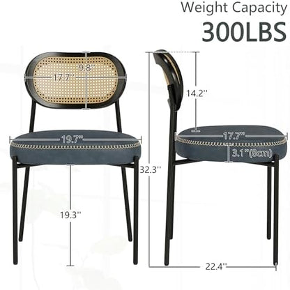 Rattan Dining Chairs Set of 2, Blue Leather Upholstered Dining Chairs with Rattan Cane Back, Mid Century Modern Dining Room Chairs with Black Metal Legs & D-Shaped Thicken Cushion, Blue