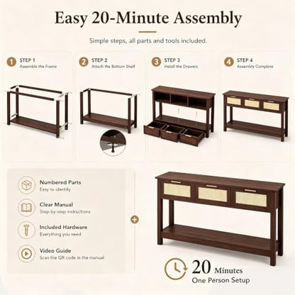 Luoxiao Console Table for Entryway with 3 Rattan Drawers Storage Open Shelf | Narrow Entry Table for Hallway, Foyer, Couch, Front Entrance, Anti-Tip, Easy to Assemble, 47 Inch, Walnut, Mid-Century Modern