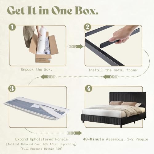AMERLIFE King Bed Frame, Upholstered Metal Platform Bed, Black