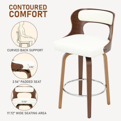 ClinQ 26" Counter Height Barstool Set of 2，Bentwood Leg and Back，White | 360° Swivel Barstool | Faux Leather Upholstered Seating | Ergonomic Backrest | Mid Century Style | Kitchen & Restaurant Use