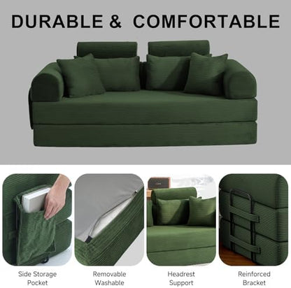 79" Convertible Futon Sofa Bed,High Back Couch for Living Room | 5-in-1 Corduroy Loveseat Sleeper, Futon Couch with Ergonomic Support & Side Storage Pocket, No Assembly,Olive Green