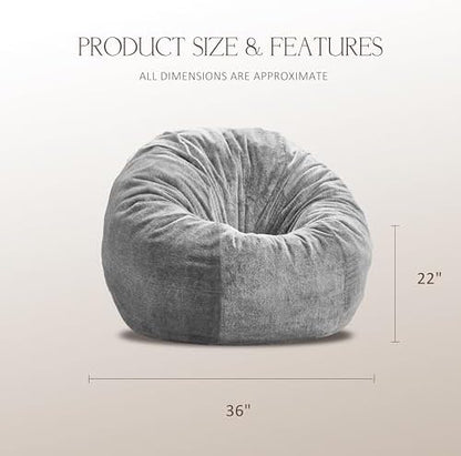 ZurNesfure Bean Bag Chair for Adults,3FT Giant Bean Bag Chair Grey,Medium | Fluffy Bean Bag Chairs with Filler & Machine Washable Cover, Handle, Side Pocket Oversized Beanbag for Living Room, Bedroom