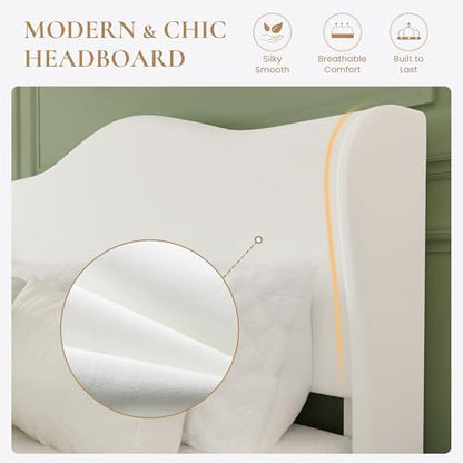 HA CERLIN King Size Bed Frame with Curved Wingback Headboard,Soft White