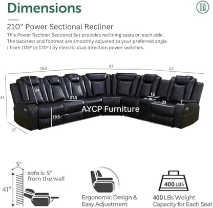 Power Recliner Sofa Sectional Sofa with LED Light for Living Room, Air Leather Reclining Corner Sectional Sofa Set, Cup Holder, Storage Console for Home Theater Seating (Black, Sectional)