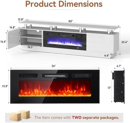 80" Fireplace TV Stand, 2-Tier LED Entertainment Center with 36" Fireplace, Fits TVs up to 90", Modern High Gloss TV Console with LED Lights & Storage Cabinets for Living Room, White + Black