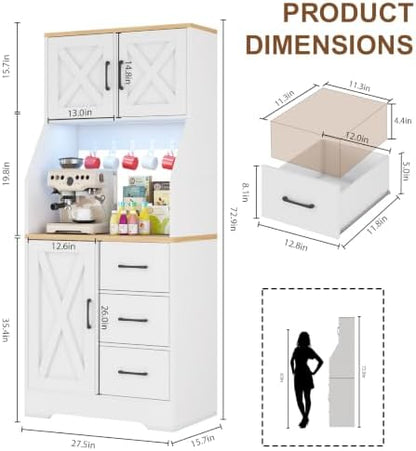 DreamDashio Pantry Cabinet with Adjustable Shelves and 3 Drawers, Tall Kitchen Pantry Storage Cabinet with LED Light & Charging Station, Kitchen Hutch with Microwave Shelf & 6 Hooks for Dining Room