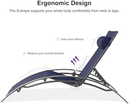 PURPLE LEAF Pool Lounge Chaise Set of 3 Outdoor Lounger Chair, Navy Blue | 2 Chaise + 1 Table, Aluminum Frame, Adjustable Headrest & 5 Recline Angles, Stackable, UV Textilene Fabric, S-Curve Backrest