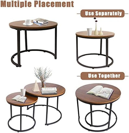 aboxoo Coffee Table Nesting Side Round Set of 2 End Table Top Sturdy Metal Frame Desk Centerpiece Living Room Bedroom Apartment Modern Industrial Simple Nightstand
