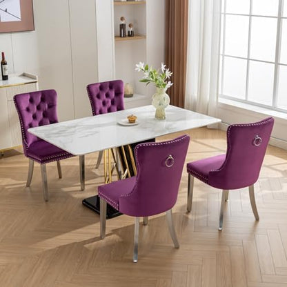 Velvet Dining Chairs Set of 4, Tufted Upholstered High Wingback Chairs with Nailhead Trim & Pull Ring, Silver Stainless Steel Legs for Dining Room, Sillas de Comedor, Purple