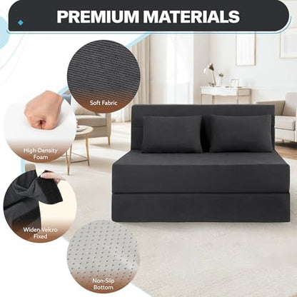Fvkind Folding Futon Couch, Convertible Sleeper, Standard Size, Dark Grey | Ribbed Corduroy Fabric - Foldable Guest Bed - Bedroom & Living Room - Adults & Visitors - Easy Fold Storage