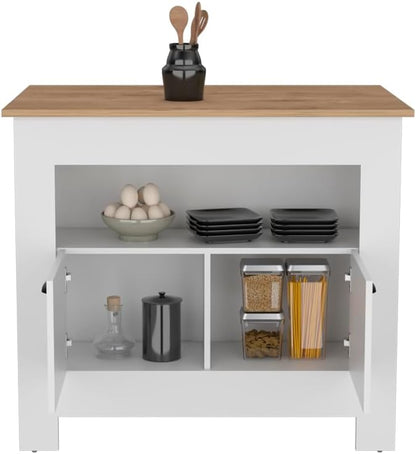 Kitchen Island Geneva, White/Macadamia with Spacious Workspace and Ample | 40.5" x 27.5" Macadamia countertop with ample storage and engineered wood frame