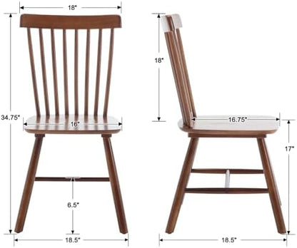 Windsor Dining Chairs Set of 2, Farmhouse Kitchen & Dining Room Chairs with Spindle Back, Comfy Armless Solid Wood Side Chair for Home/Living Room/Restaurant, Walnut Wood