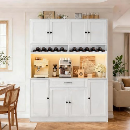 FJTJBSI 72" Tall Pantry Storage Cabinet with LED Light 55" Wide Kitchen Pantry Cabinet with Charging Station and Adjustable Shelves Modern Kitchen Hutch with Wine Rack and Large Countertop White