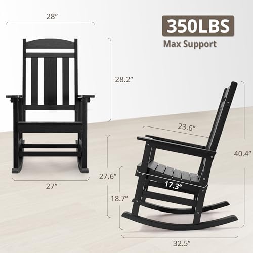 LUE BONA Outdoor Rocking Chairs Set, 3-Piece, HDPS Poly Porch Rockers with Table, Plastic Weather Resistant Rocking Chair Set for Outdoor Indoor, Garden, Backyard, 350lb, Black Chairs+Table