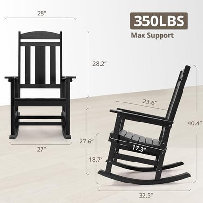 LUE BONA Outdoor Rocking Chairs Set, 3-Piece, HDPS Poly Porch Rockers with Table, Plastic Weather Resistant Rocking Chair Set for Outdoor Indoor, Garden, Backyard, 350lb, Black Chairs+Table