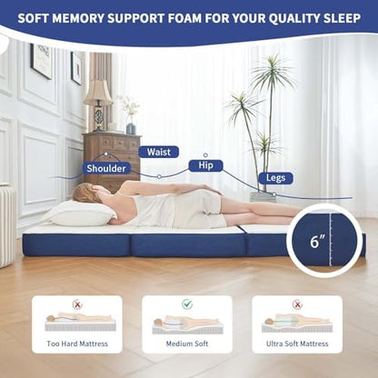 CYMULA Folding Mattress Twin, 6 Inch Memory Foam Tri-Fold Floor Bed and Futon,Twin Topper with Breathable & Washable Cover,Foldable Mattress for Guest Bed, Office Nap,Camping,White，38"x75" 6"