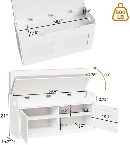 2-Tier Storage Bench, 39.4" Wide Shoe Bench with Lift-Up Top, Shoe Storage Bench with Cushion, Shoe Cabinet with Handleless Doors and Adjustable Shelf for Entryway, Bedroom, White KHD02W