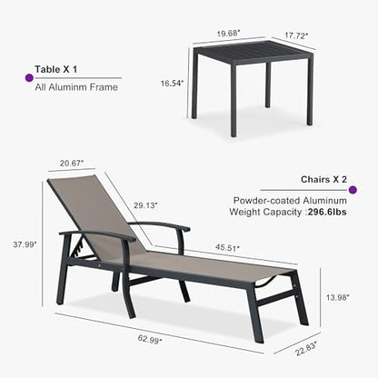 PURPLE LEAF Outdoor Chaise Lounge Chairs Set of 2 Aluminum Frame, Taupe | Textilene quick dry & durable, Powder coat for anti-rust, Armrests added comfort, Built-in Side Table, 5 Adjustable position