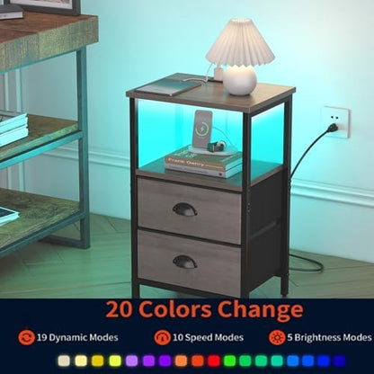 sthmec Nightstand with Charging Station, LED Night Stand Set of 2, Bedside Table End Table with Drawer, Bedroom Tables with 2 Fabric Drawers, 3-Tier Storage Side Table for Bedroom,Grey